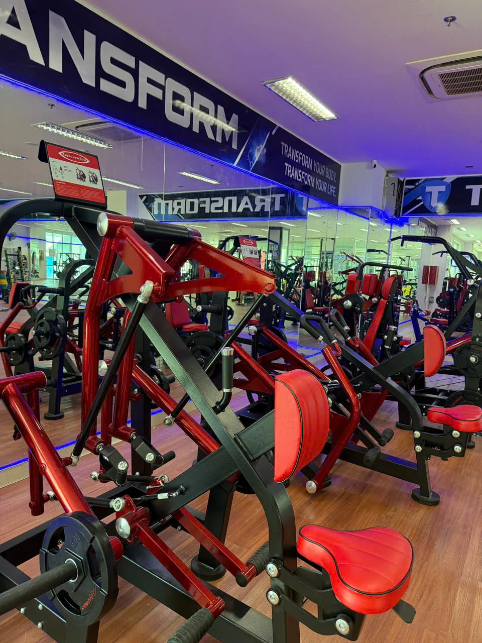 Dãy máy plate-loaded thực tế trong hệ thống Transform Gym, dự kiến có tại Biên Hòa